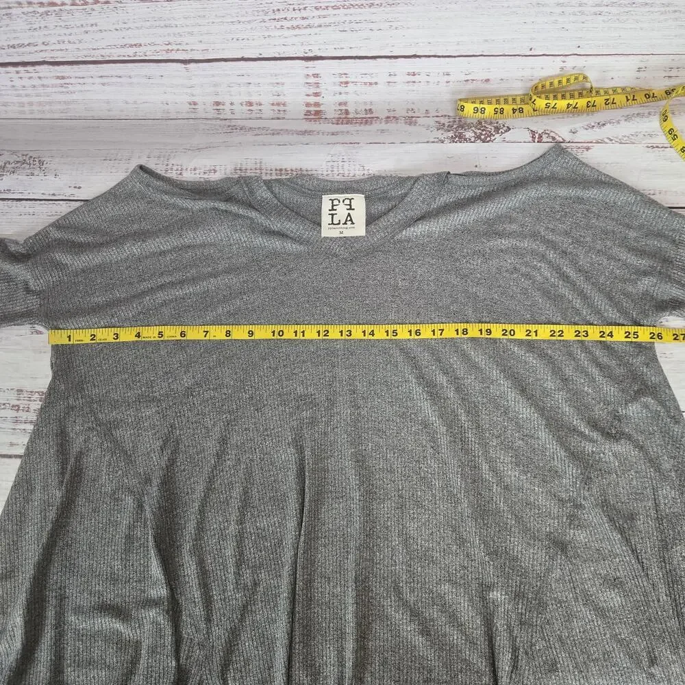 PPLA Gray Cold Shoulder Long Sleeve Top M Oversize Light Rib Knit Neutral Basic